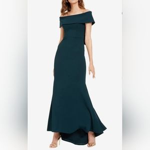 Betsy & Adam Solid Off Shoulder Bow Back Gown Dress